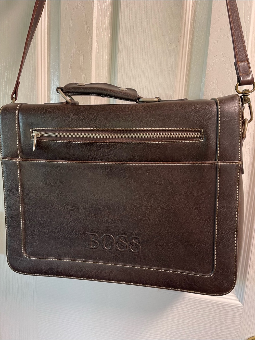 BOSS Brown Leather Briefcase with Shoulder Strap